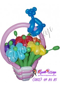  Букет цветов в корзинке «Мишка» из  воздушных шаров  
