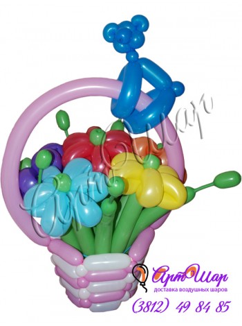  Букет цветов в корзинке «Мишка» из  воздушных шаров  