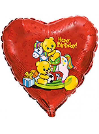 Фольгированное сердце «Мишки с игрушками Happy Birthday» с гелием